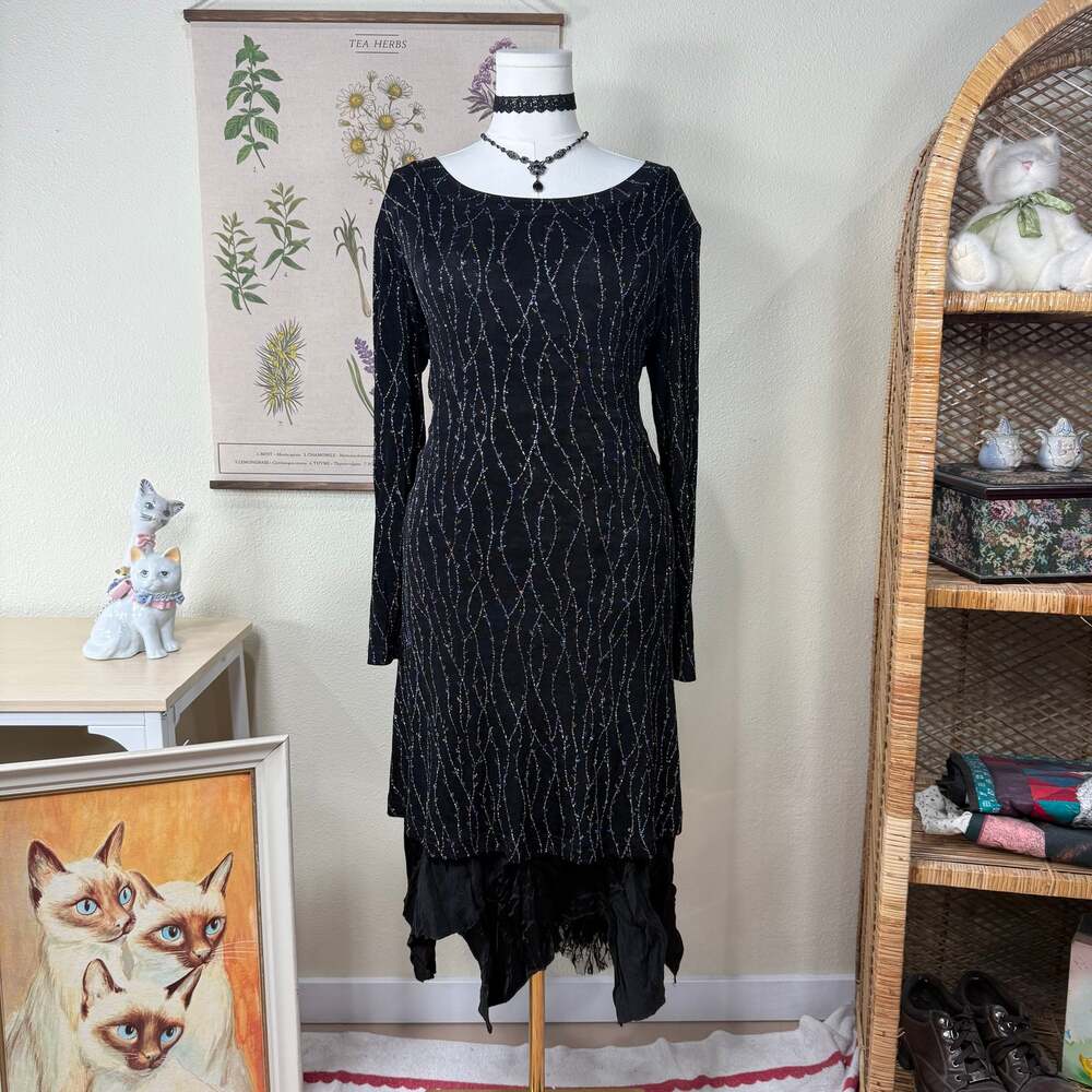 Vintage 80s 90s Black Slinky Stretch Multi Glitter Mini Dress Whimsigoth Party L